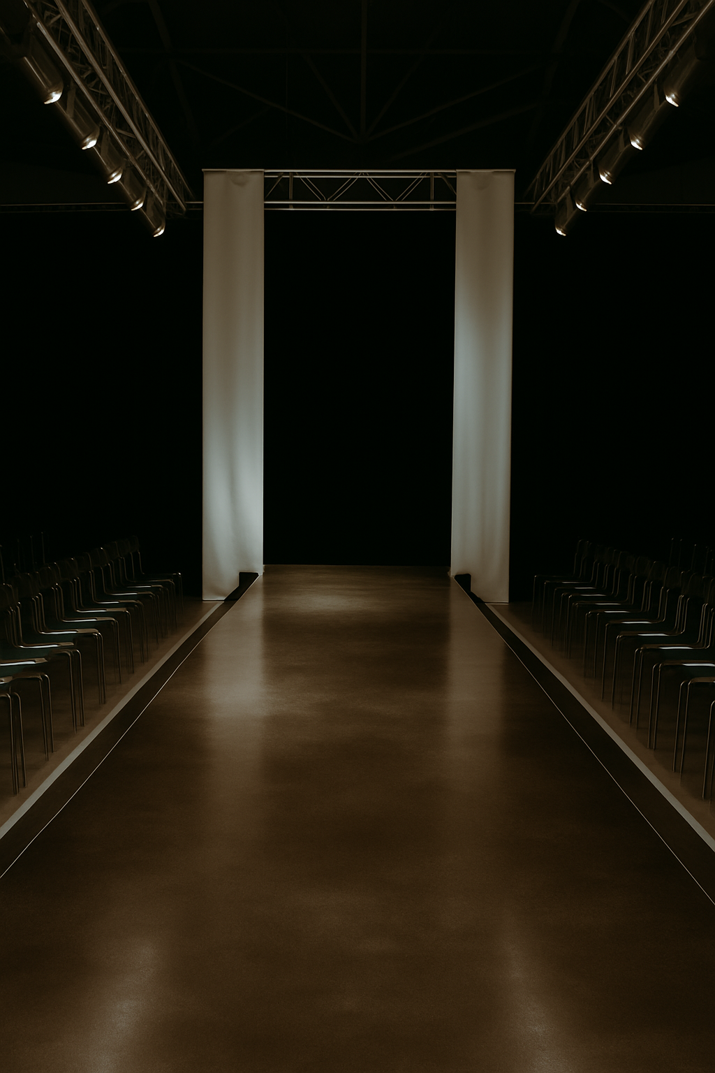 Empty runway with chairs on either side under a black ceiling